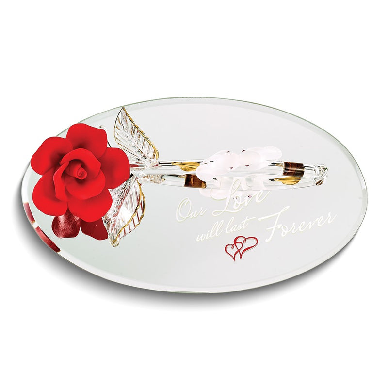 OUR LOVE WILL LAST FOREVER Red Rose with Doves Handcrafted Glass Figurine with 22k Gold Trim