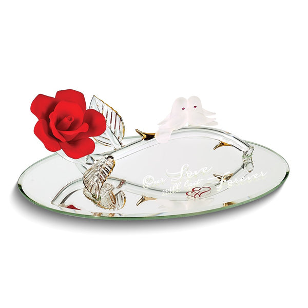 OUR LOVE WILL LAST FOREVER Red Rose with Doves Handcrafted Glass Figurine with 22k Gold Trim