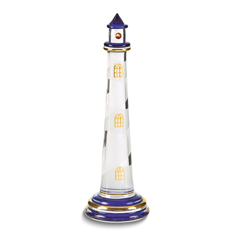 Blue Lighthouse Handcrafted Glass Figurine with 22k Gold Trim