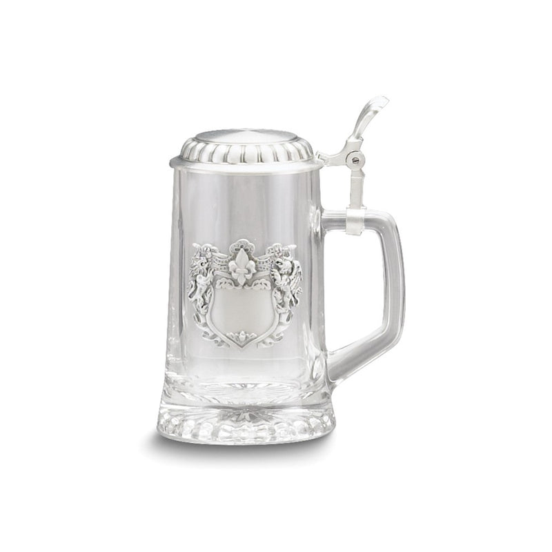 Engraveable Pewter Fleur de Lis Crest Removeable Lid 13.5 ounce Glass Stein