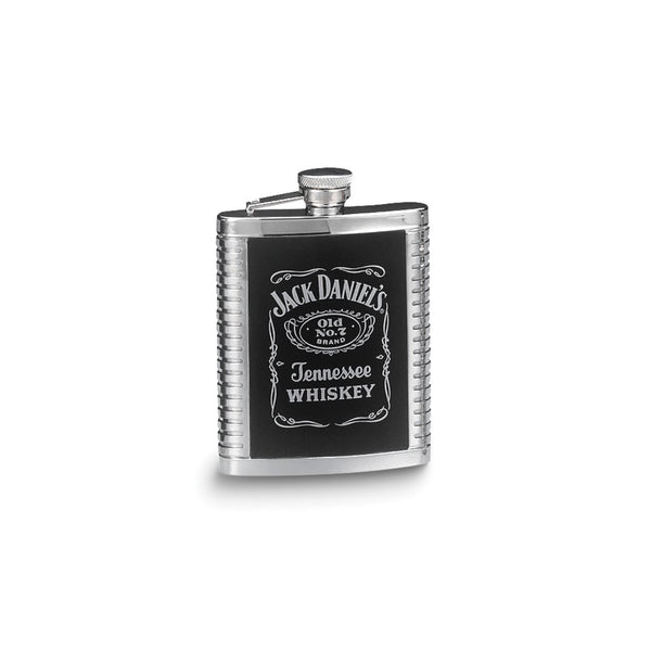 Jack Daniels Stainless Steel 6 ounce Leather Inset Ribbed Flask