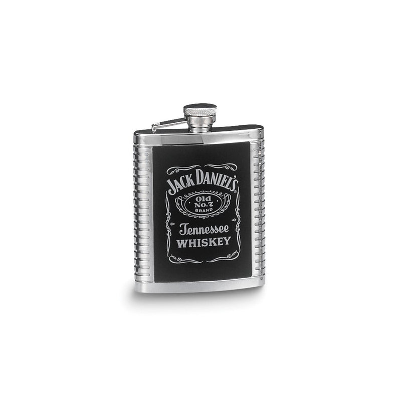 Jack Daniels Stainless Steel 6 ounce Leather Inset Ribbed Flask