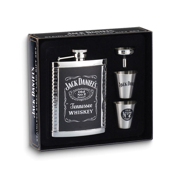 Jack Daniels Leather Inset Stainless Steel 6 ounce Flask Gift Set with 2 Shot Glasses and Funnel