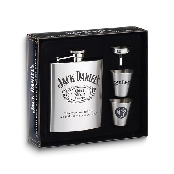 Jack Daniels Stainless Steel 6 ounce Flask Gift Set with 2 Shot Glasses and Funnel