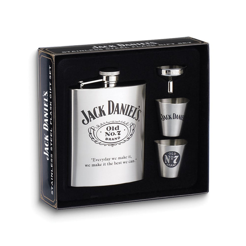 Jack Daniels Stainless Steel 6 ounce Flask Gift Set with 2 Shot Glasses and Funnel