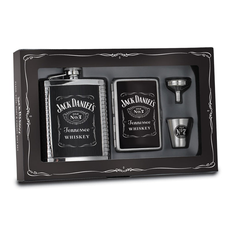 Jack Daniels Leather Inset Stainless Steel 6 ounce Flask Gift Set with Cigarette/Card Case, Shot Glass and Funnel