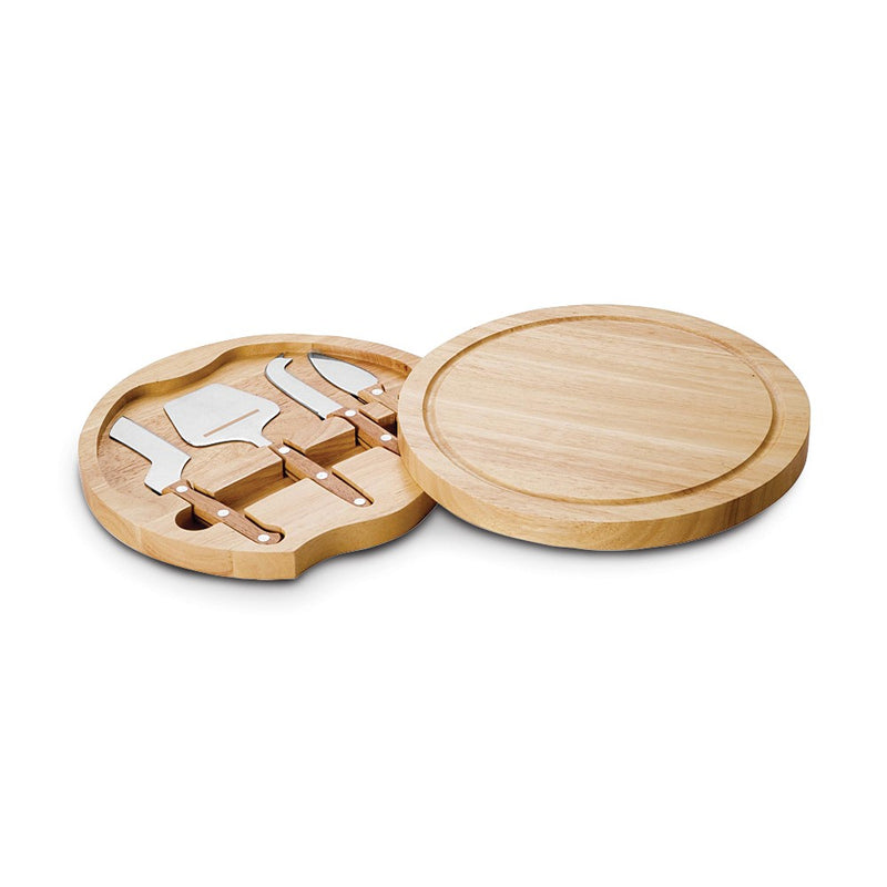 Circo Rubberwood Cheese Board with 4 piece Stainless Steel Cheese Tool Set Stored Inside