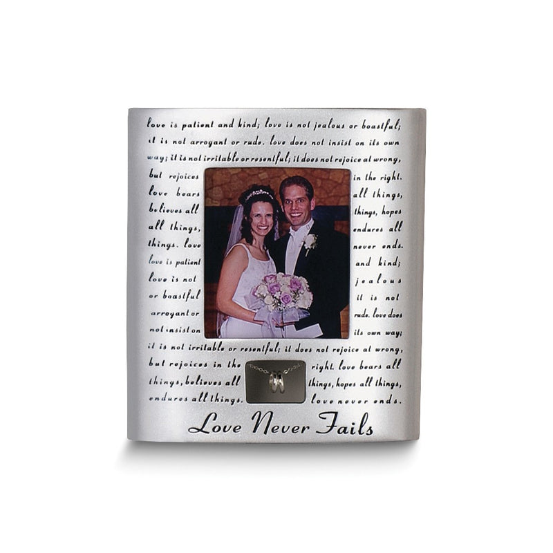 LOVE NEVER FAILS Resin 3x3.5 Photo Frame with Wedding Ring Accent