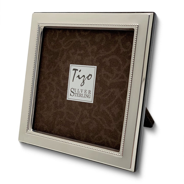 925 Sterling Silver Tarnish Resistant Classic Beaded 2x2 Photo Frame with Finished Wood Back