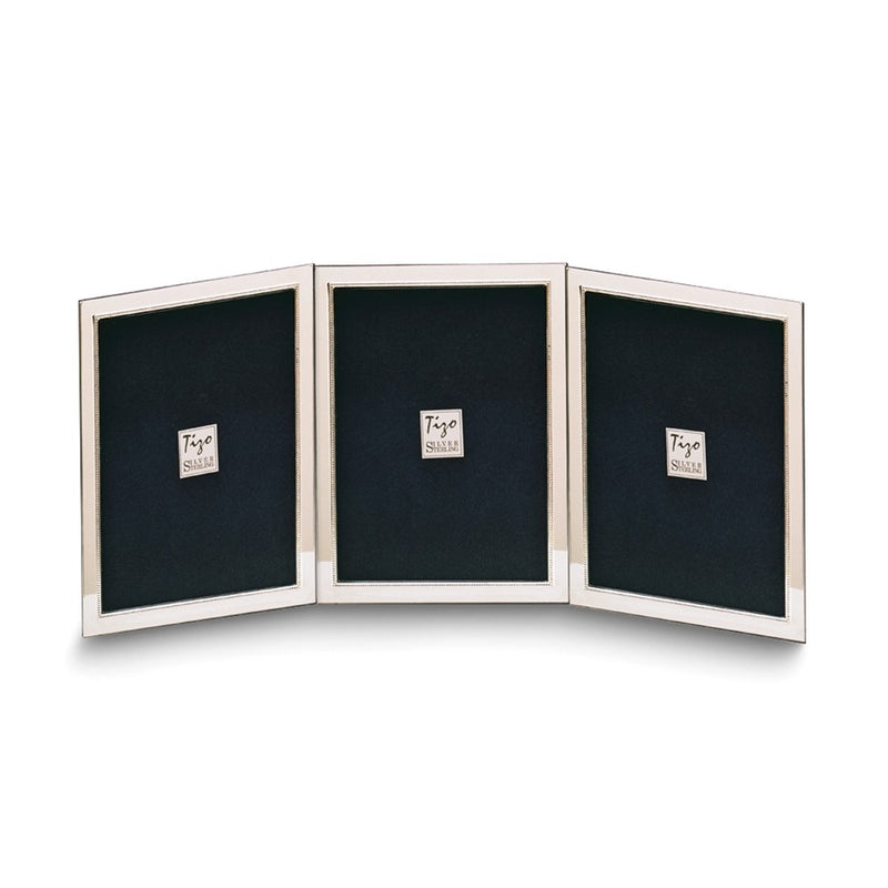 Sterling Silver Tarnish Resistant Narrow Portrait Hinged Beaded Triple 2x3 Photo Frame with Finished Wood Back