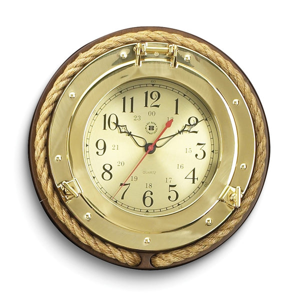 Solid Brass Porthole Clock on Wood Base with Rope Trim and Military Time