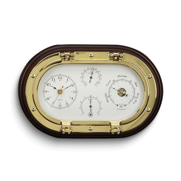 Solid Brass and Wood Weather Station with Clock, French Barometer, Thermometer and Hygrometer