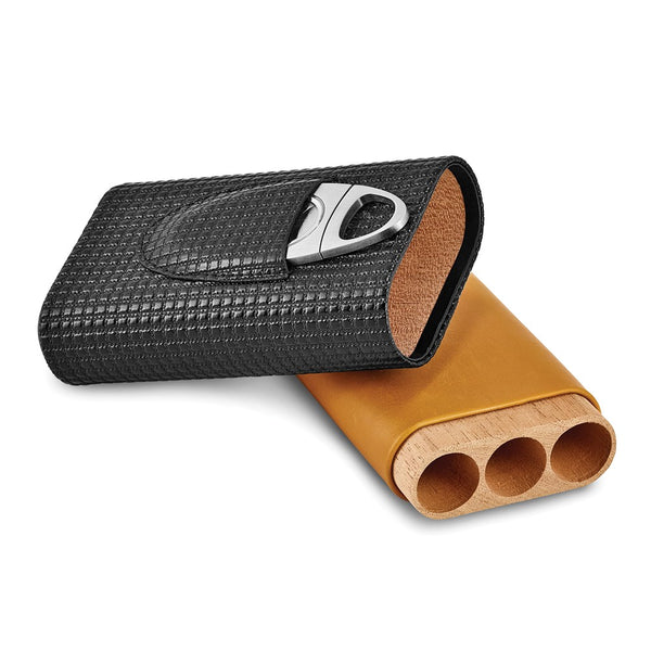 Luxury Giftware Black Carbon Fiber and Tan Polyurethane Cedar-Lined 3-Cigar Travel Case with Cigar Cutter