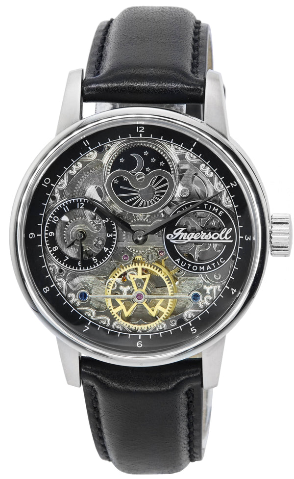 Ingersoll The Jazz Sun and Moon Phase Leather Strap Skeleton Silver Dial Automatic I07701 Men's Watch