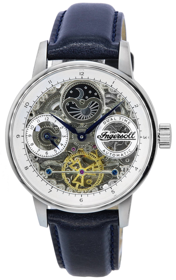 Ingersoll The Jazz Sun and Moon Phase Leather Strap Skeleton Silver Dial Automatic I07702 Men's Watch