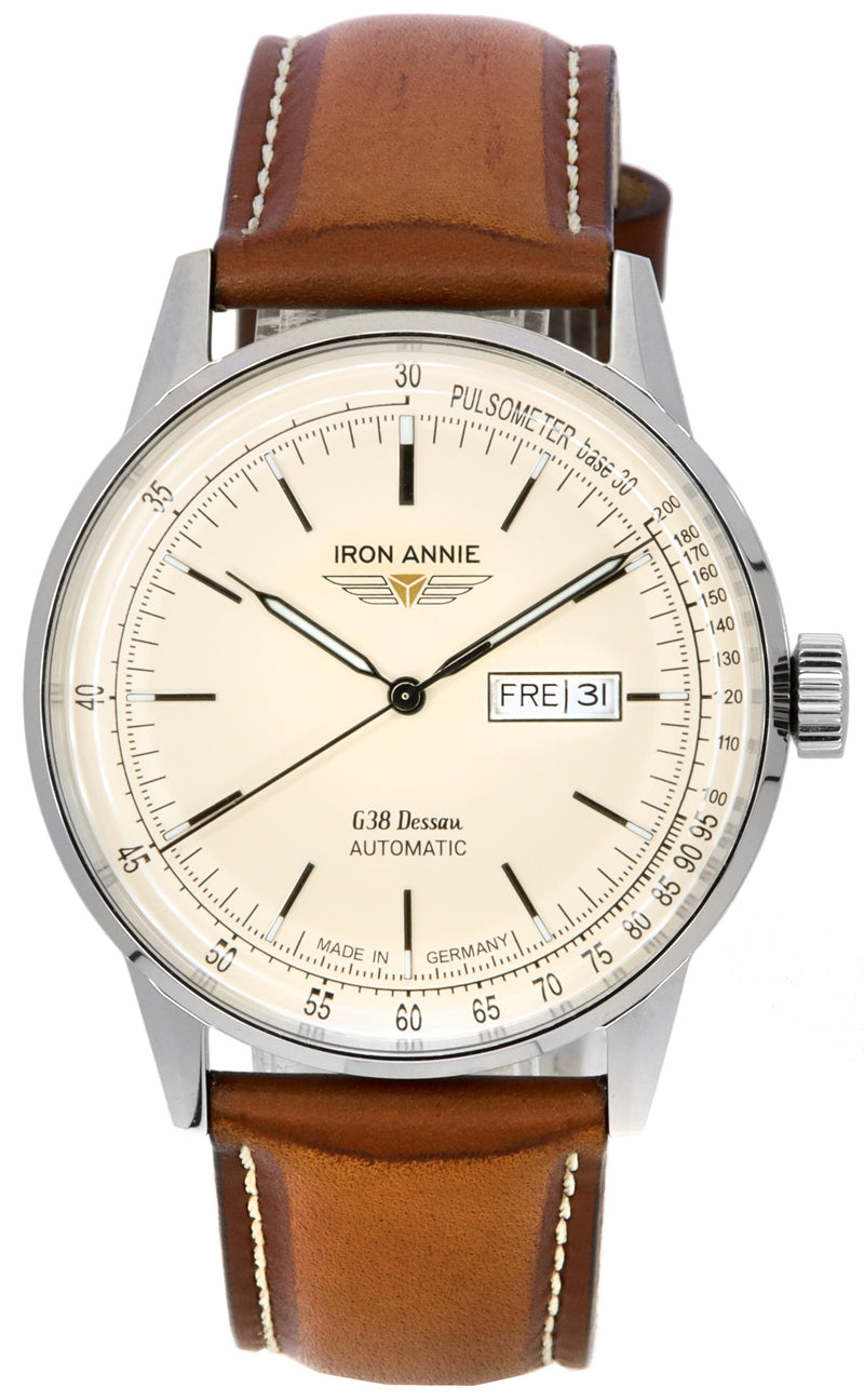 Iron Annie G38 Dessau Leather Strap Beige Dial Automatic 53665 100M Men's Watch