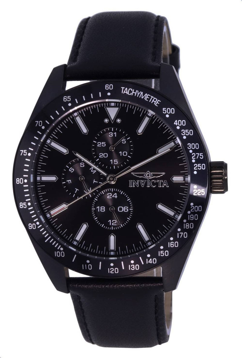 Invicta Aviator Tachymeter Leather Strap Black Dial Quartz 38982 100M Men's Watch
