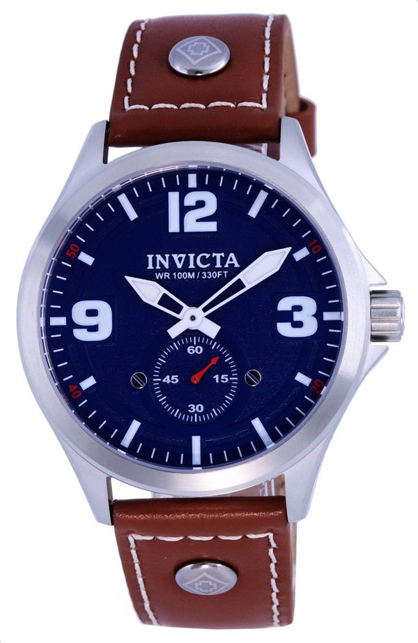 Invicta Aviator Leather Strap Blue Dial Quartz 39185 100M Men's Watch