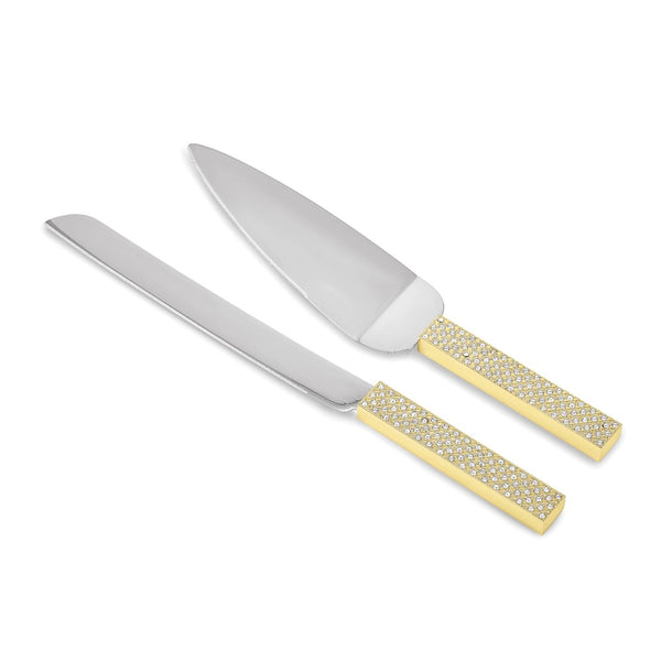 Luxury Giftware Brass-plated Crystal Embellished Stainless Steel Blades Cake Knife and Server Set