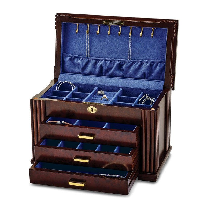 Matte Rosewood Burlwood Finish Locking Jewelry Box