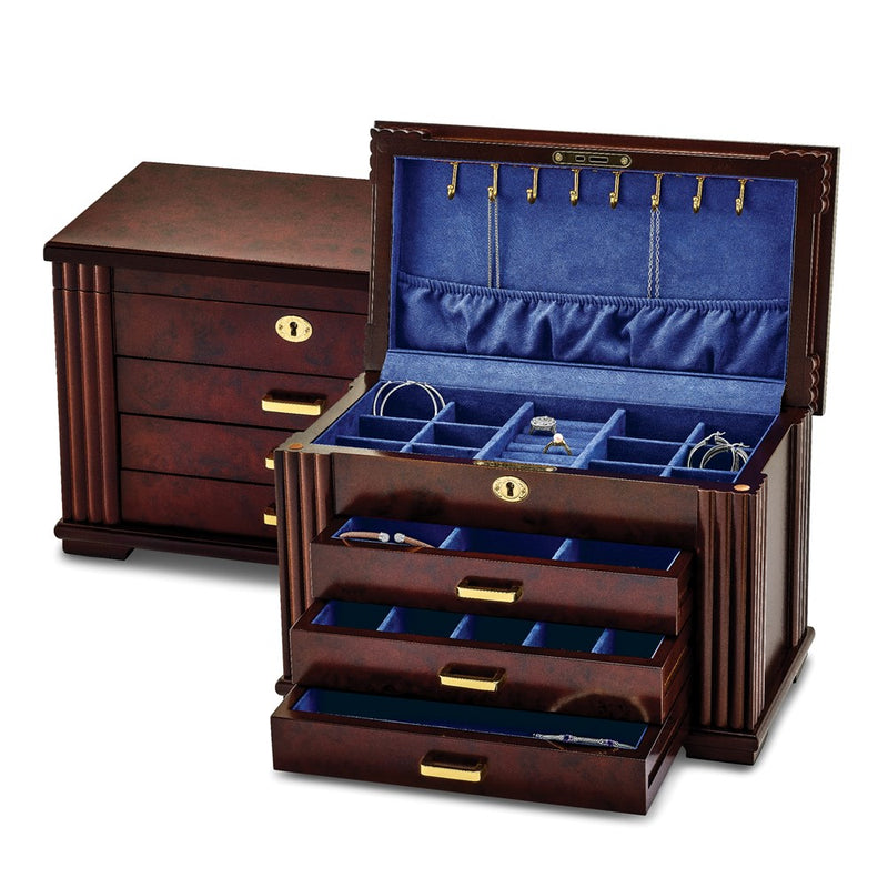 Matte Rosewood Burlwood Finish Locking Jewelry Box