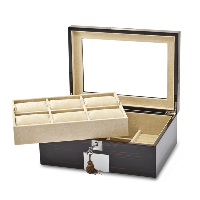 High Gloss Ebony Veneer Watch & Jewelry Box w/Lift-out Tray