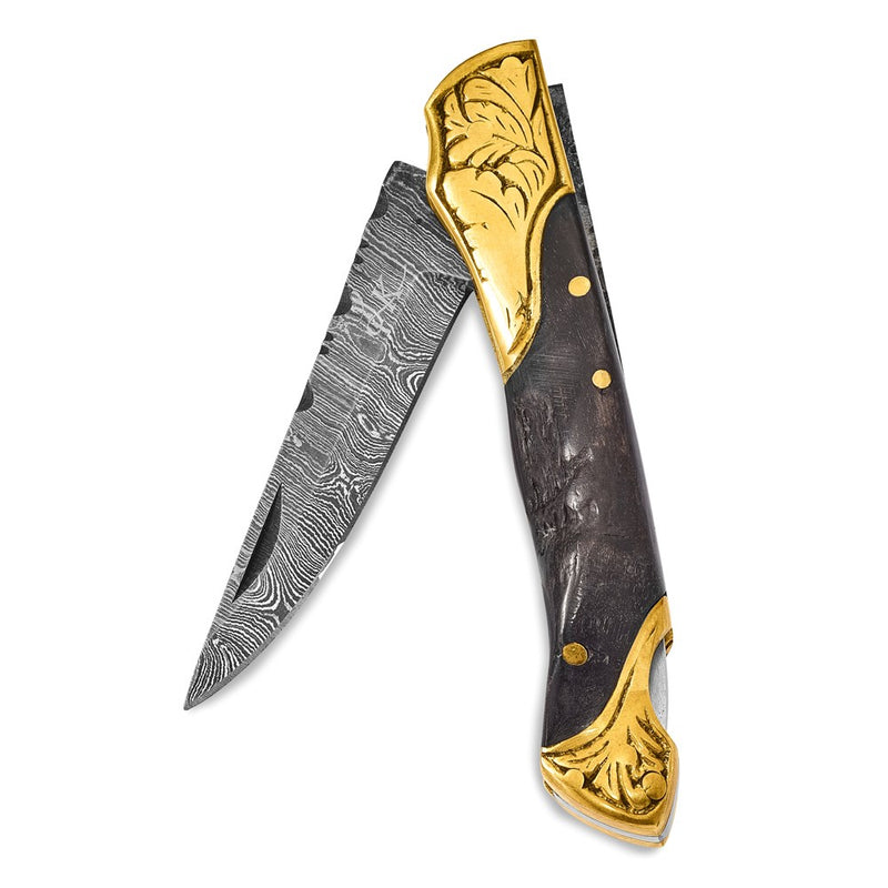 Luxury Giftware Damascus Steel 256 Layer Folding Blade Brass Guard Ram Horn Handle Knife with Leather Sheath and Wooden Gift Box