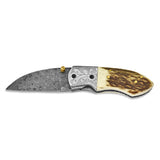 Luxury Giftware Damascus Steel 256 Layer Folding Blade Steel Guard Staghorn Handle Knife with Leather Sheath and Wooden Gift Box