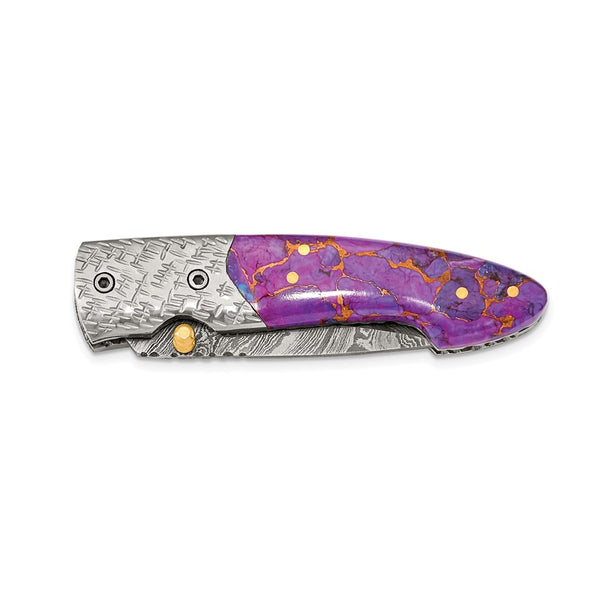Luxury Giftware Damascus Steel 256 Layer Purple Stone Handle Folding Blade Knife with Leather Sheath and Wooden Gift Box