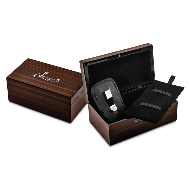 Luxury Giftware Damascus Steel 256 Layer Purple Stone Handle Folding Blade Knife with Leather Sheath and Wooden Gift Box