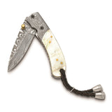 Luxury Giftware Damascus Steel 256 Layer Folding Blade Mother of Pearl Handle Knife with Leather Sheath and Wooden Gift Box