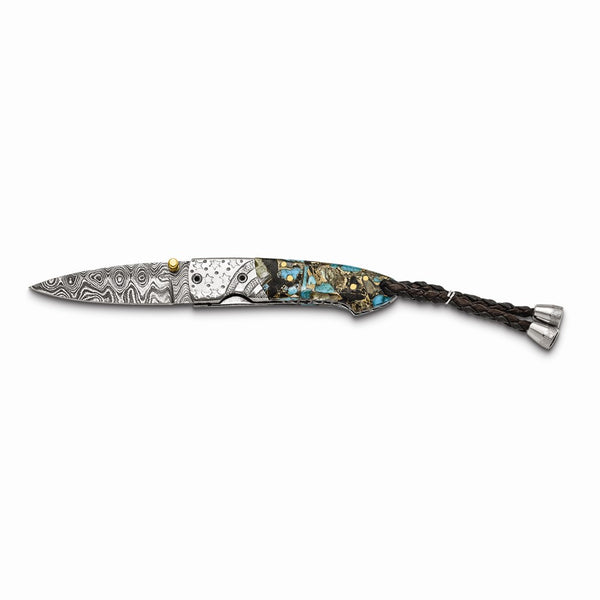 Luxury Giftware Damascus Steel 256 Layer Folding Blade Turquoise/Abalone/Obsidian/Bronze Handle Knife with Leather Sheath and Wooden Gift Box