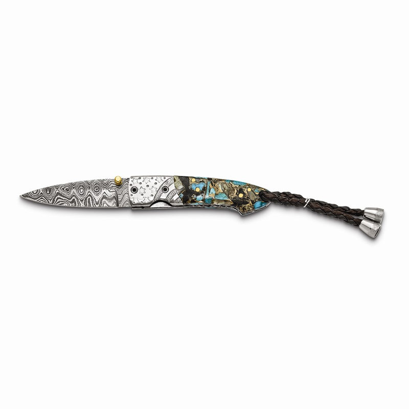 Luxury Giftware Damascus Steel 256 Layer Folding Blade Turquoise/Abalone/Obsidian/Bronze Handle Knife with Leather Sheath and Wooden Gift Box