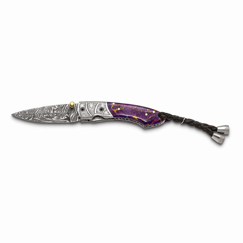 Luxury Giftware Damascus Steel 256 Layer Folding Blade Turquoise/Bronze/Purple Resin Handle Knife with Leather Sheath and Wooden Gift Box