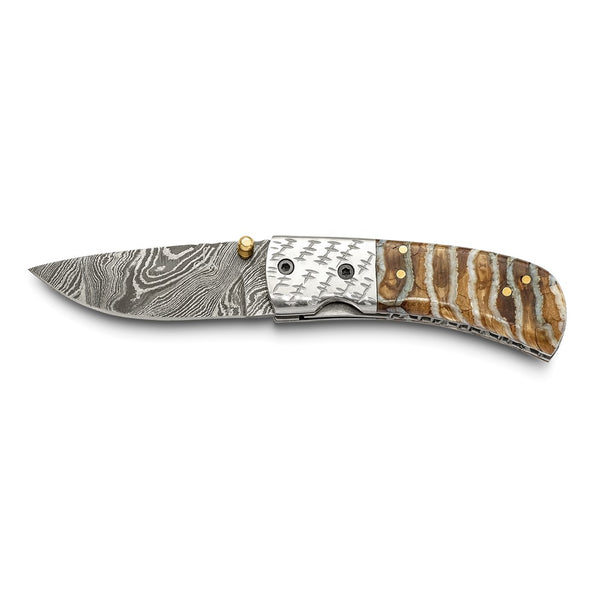 Luxury Giftware Limited Edition Damascus Steel 256 Layer Woolly Mammoth Tooth/Steel Handle Folding Knife with Leather Sheath and Wooden Gift Box