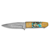 Luxury Giftware Limited Edition Damascus Steel 256 Layer Fixed Blade Woolly Mammoth Tusk Ivory and Abalone/Compressed Bronze/Turquiose/Obsidian Handle with Leather Sheath and Wooden Gift Box