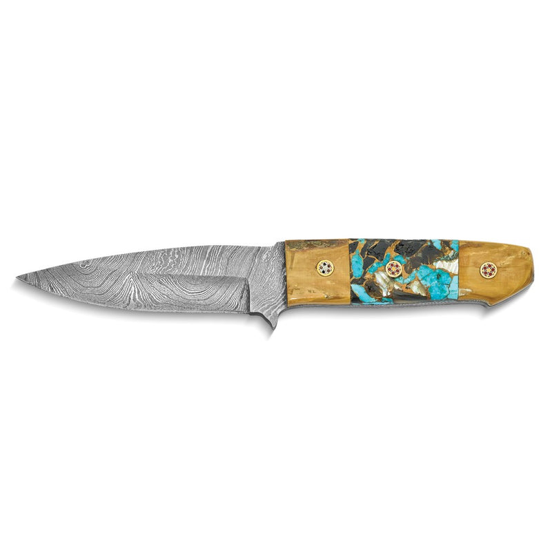 Luxury Giftware Limited Edition Damascus Steel 256 Layer Fixed Blade Woolly Mammoth Tusk Ivory and Abalone/Compressed Bronze/Turquiose/Obsidian Handle with Leather Sheath and Wooden Gift Box