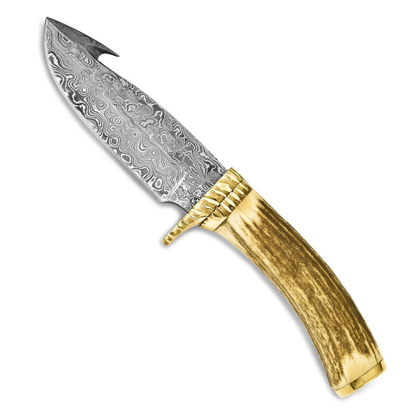 Luxury Giftware Damascus Steel 256 Layer Fixed Blade Staghorn Handle Brass Guard Knife with Leather Sheath and Gift Box