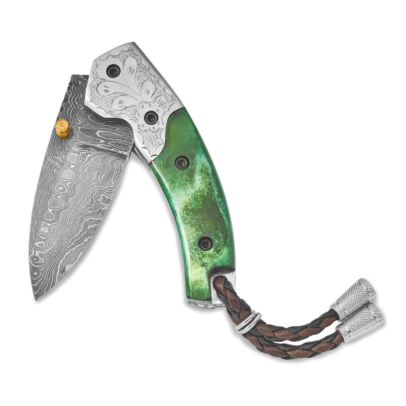 Luxury Giftware Damascus Steel 256 Layer Folding Blade Tinted Camel Bone Curved Handle Knife with Leather Sheath and Wooden Gift Box