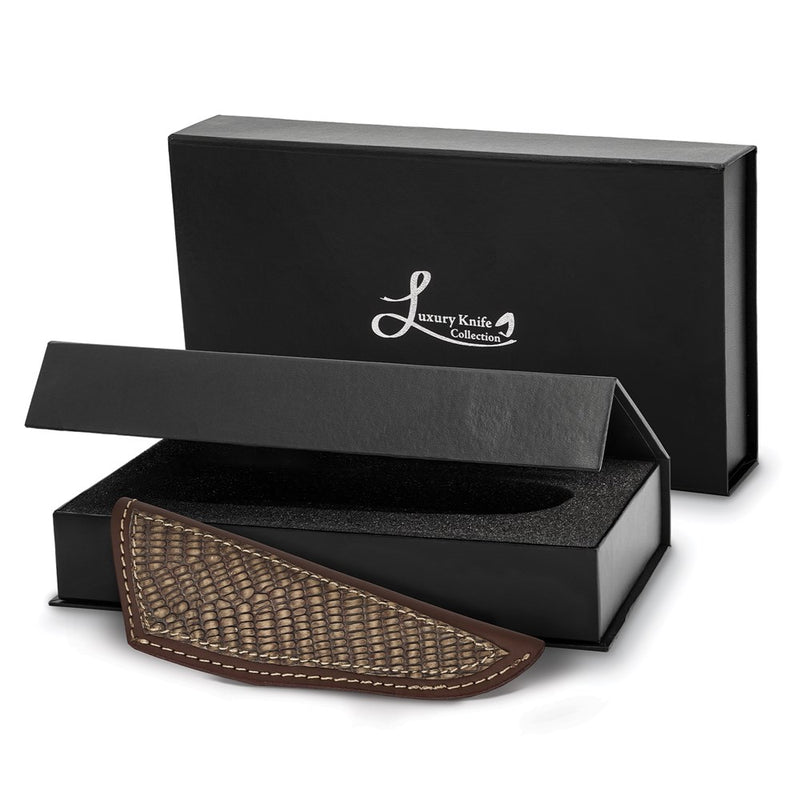 Luxury Giftware Damascus Steel 256 Layer Fixed Blade Lion and Elephant Scrimshaw Handle Knife with Leather Sheath and Gift Box