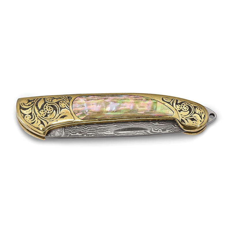 Luxury Giftware Damascus Steel 256 Layer Folding Blade Genuine Abalone Shell Handle Knife with Leather Sheath and Wooden Gift Box