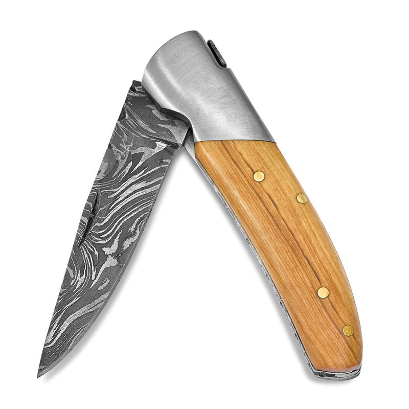 Luxury Giftware Damascus Steel 256 Layer Folding Blade Olive Wood Handle Knife with Leather Sheath and Wooden Gift Box