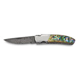 Luxury Giftware Damascus Steel 256 Layer Folding Blade Abalone Handle Knife with Leather Sheath and Wooden Gift Box