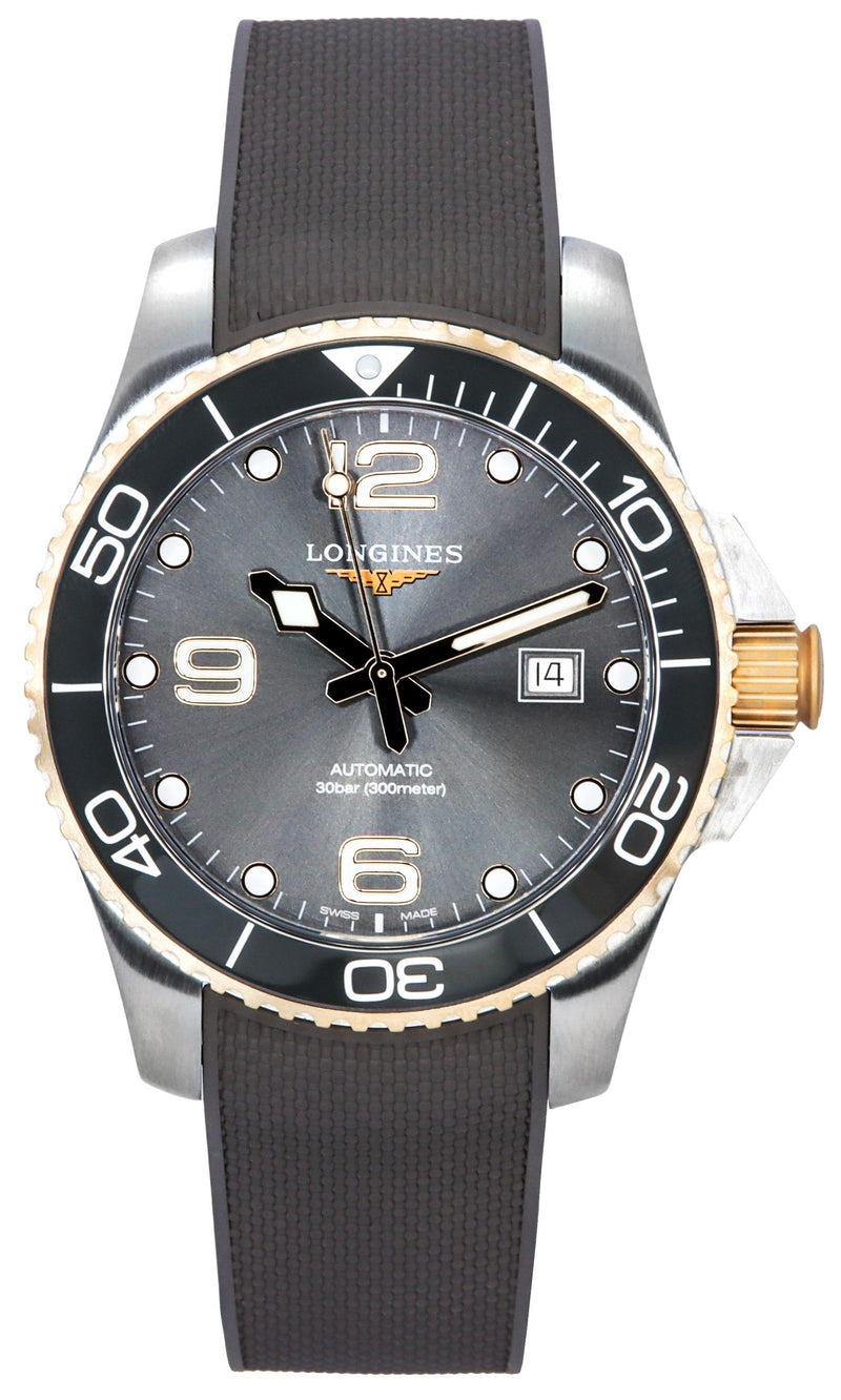 Longines HydroConquest Rubber Strap Sunray Grey Dial Automatic Diver's L3.782.3.78.9 300M Men's Watch