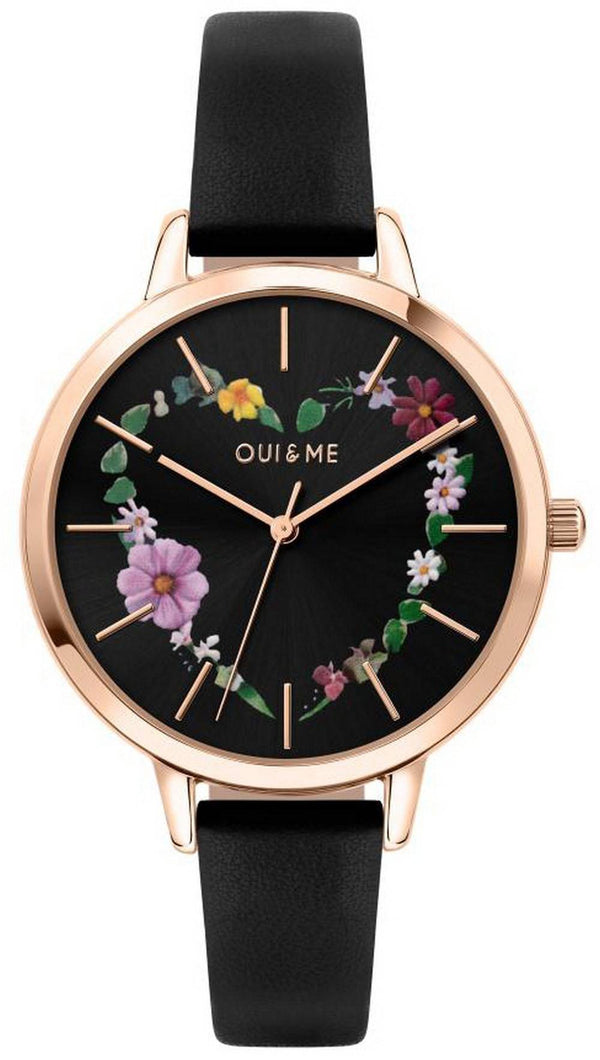 Oui & Me Grande Fleurette Black Dial Leather Strap Quartz ME010030 Women's Watch