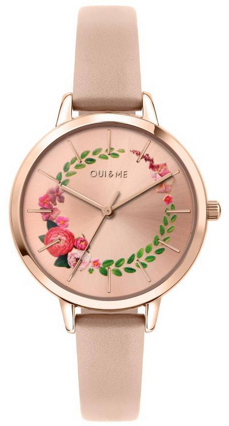 Oui  Me Fleurette Rose Gold Sunray Dial Leather Strap Quartz ME010038 Women's Watch