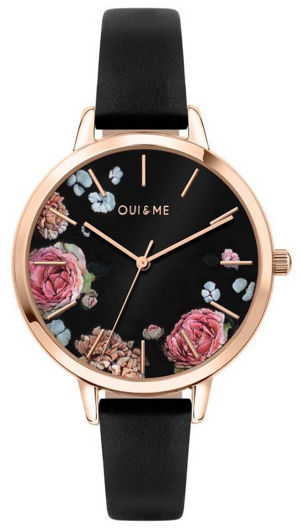 Oui & Me Grande Fleurette Black Dial Leather Strap Quartz ME010109 Women's Watch