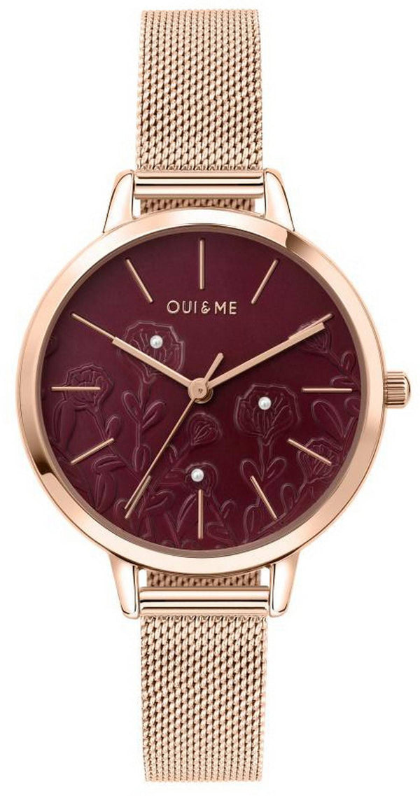 Oui & Me Fleurette Burgundy Sunray Dial Rose Gold Tone Stainless Steel Quartz ME010128 Women's Watch