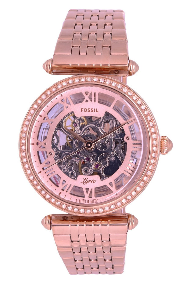 Fossil Lyric Crystal Accents Rose Gold Stainless Steel Skeleton Dial Automatic ME3198 Women's Watch