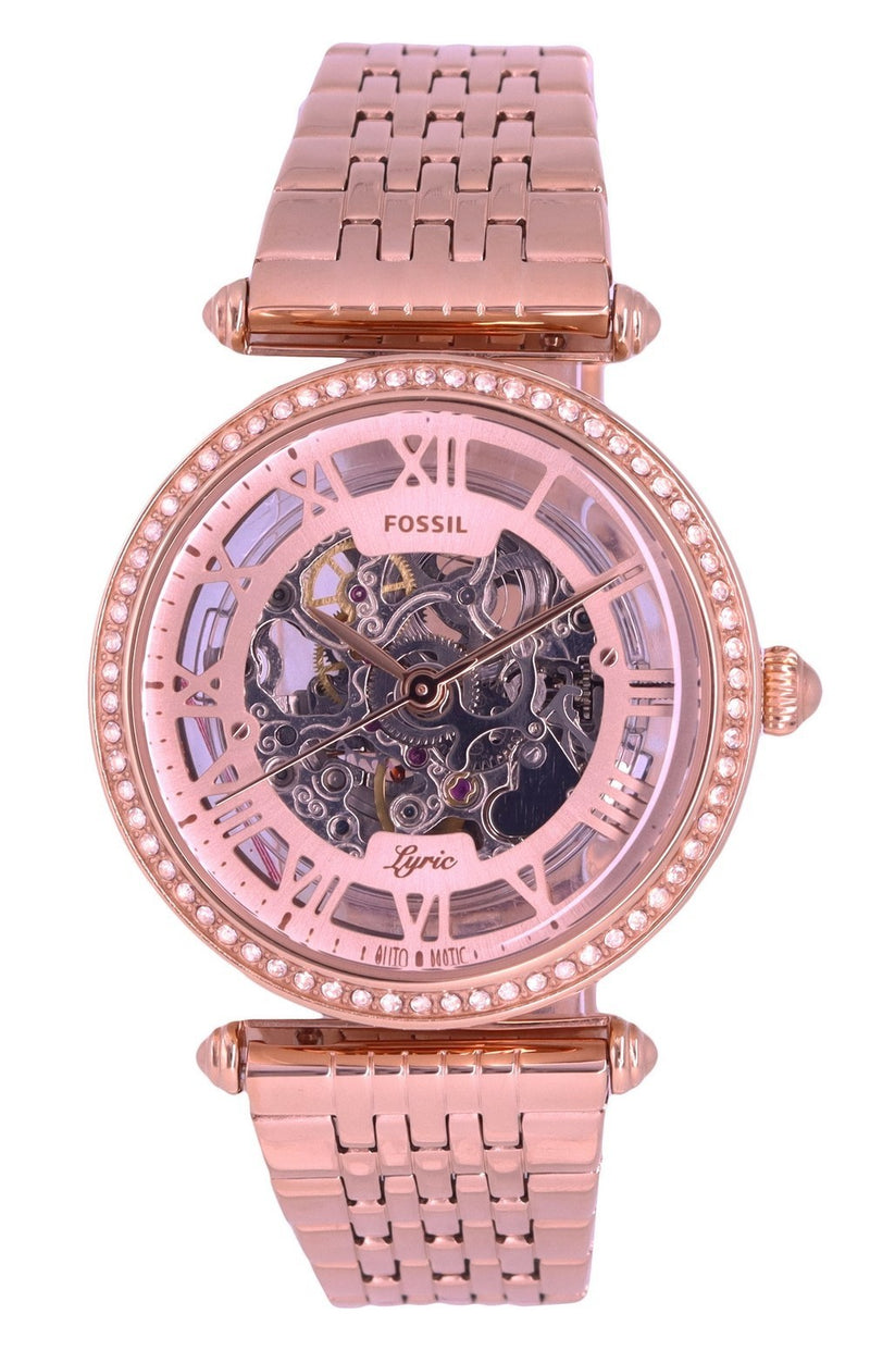 Fossil Lyric Crystal Accents Rose Gold Stainless Steel Skeleton Dial Automatic ME3198 Women's Watch
